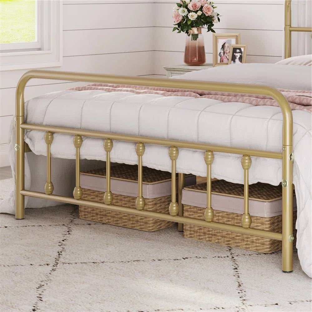Queen Vintage Antique Gold Metal Platform Bed Frame with Headboard Footboard