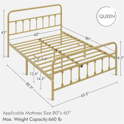 Queen Vintage Antique Gold Metal Platform Bed Frame with Headboard Footboard