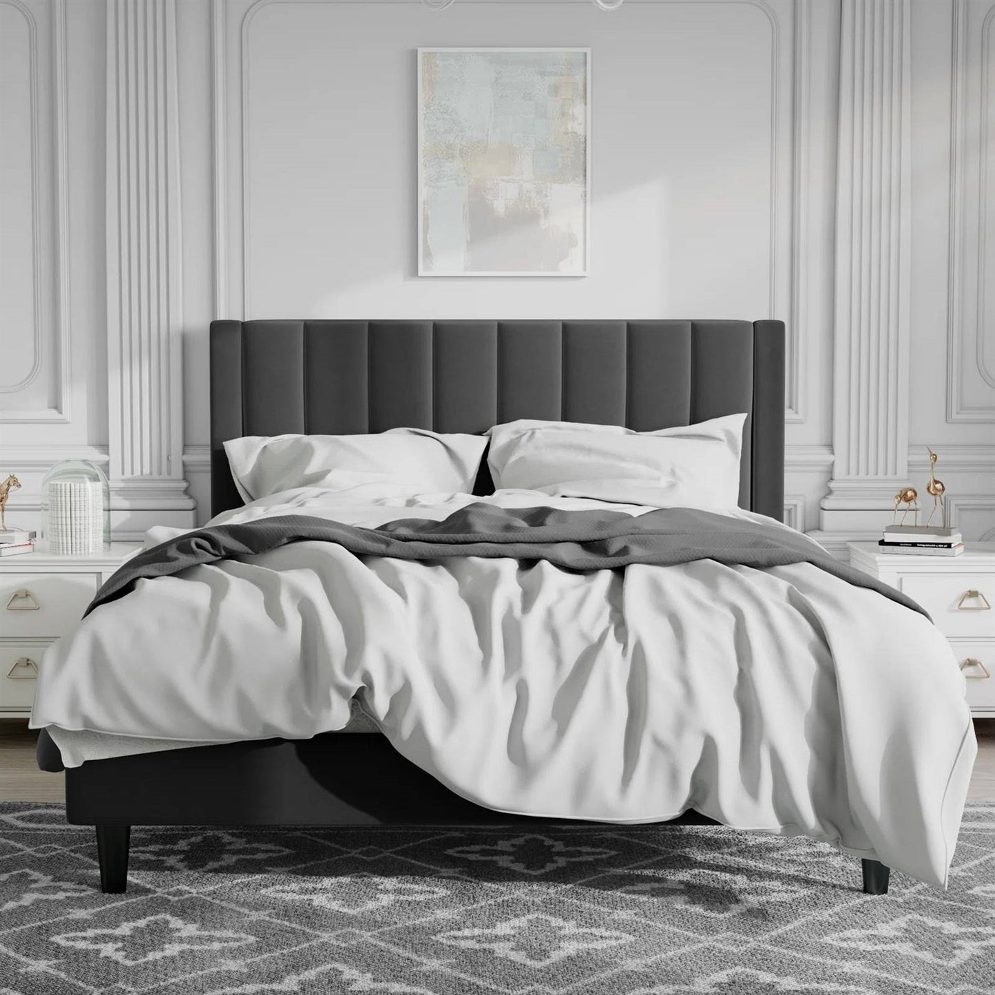 Queen size Black Velvet Upholstered Platform Bed Frame with Headboard — Chic Home-Decor
