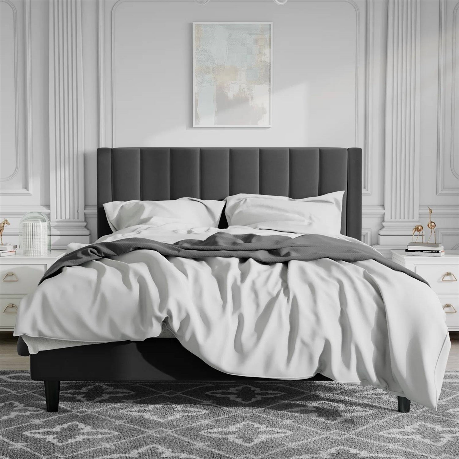 Queen size Black Velvet Upholstered Platform Bed Frame with Headboard — Chic Home-Decor