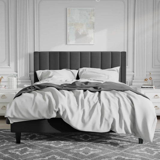 Queen size Black Velvet Upholstered Platform Bed Frame with Headboard — Chic Home-Decor