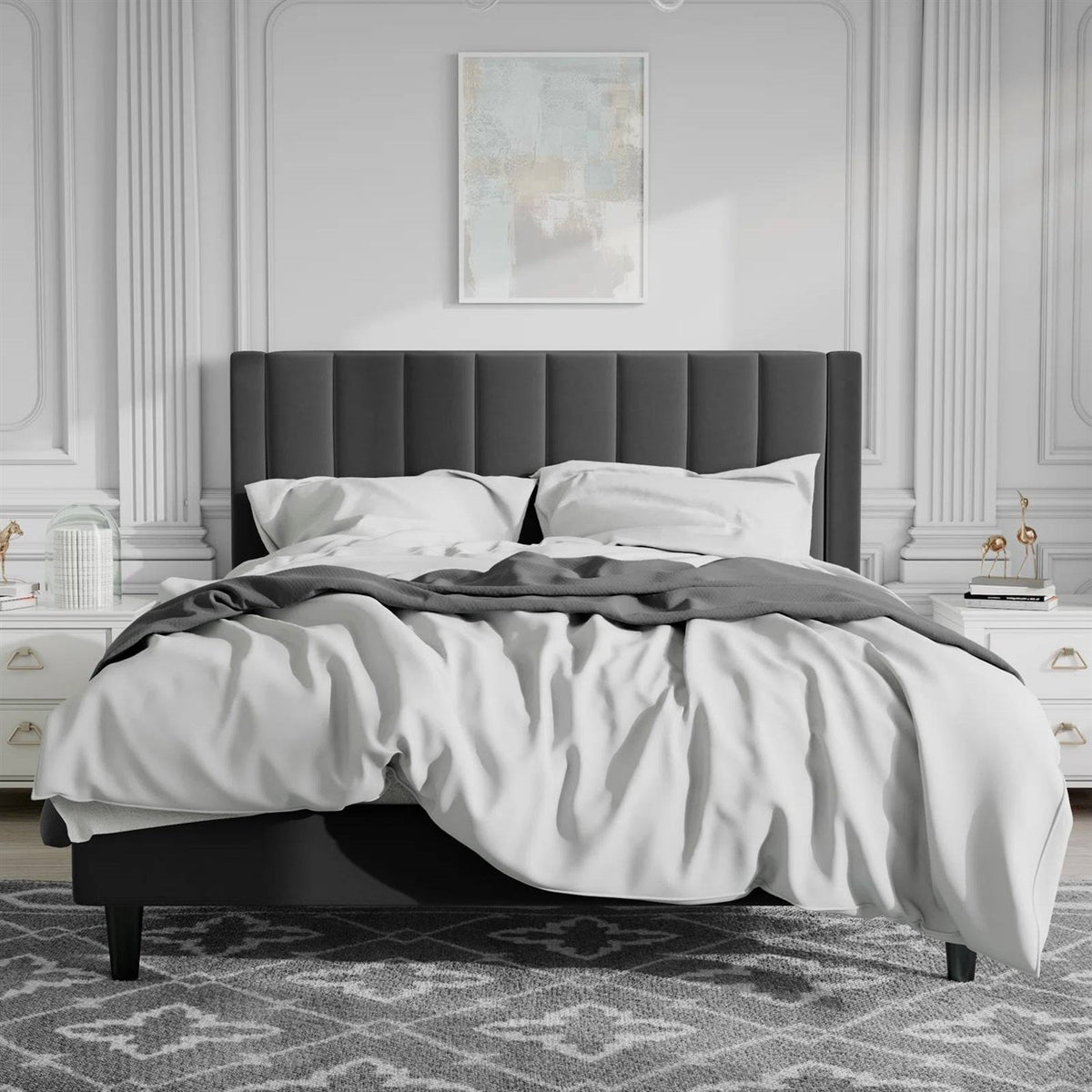Velvet Upholstered Platform Bed Frame with Headboard – Black
