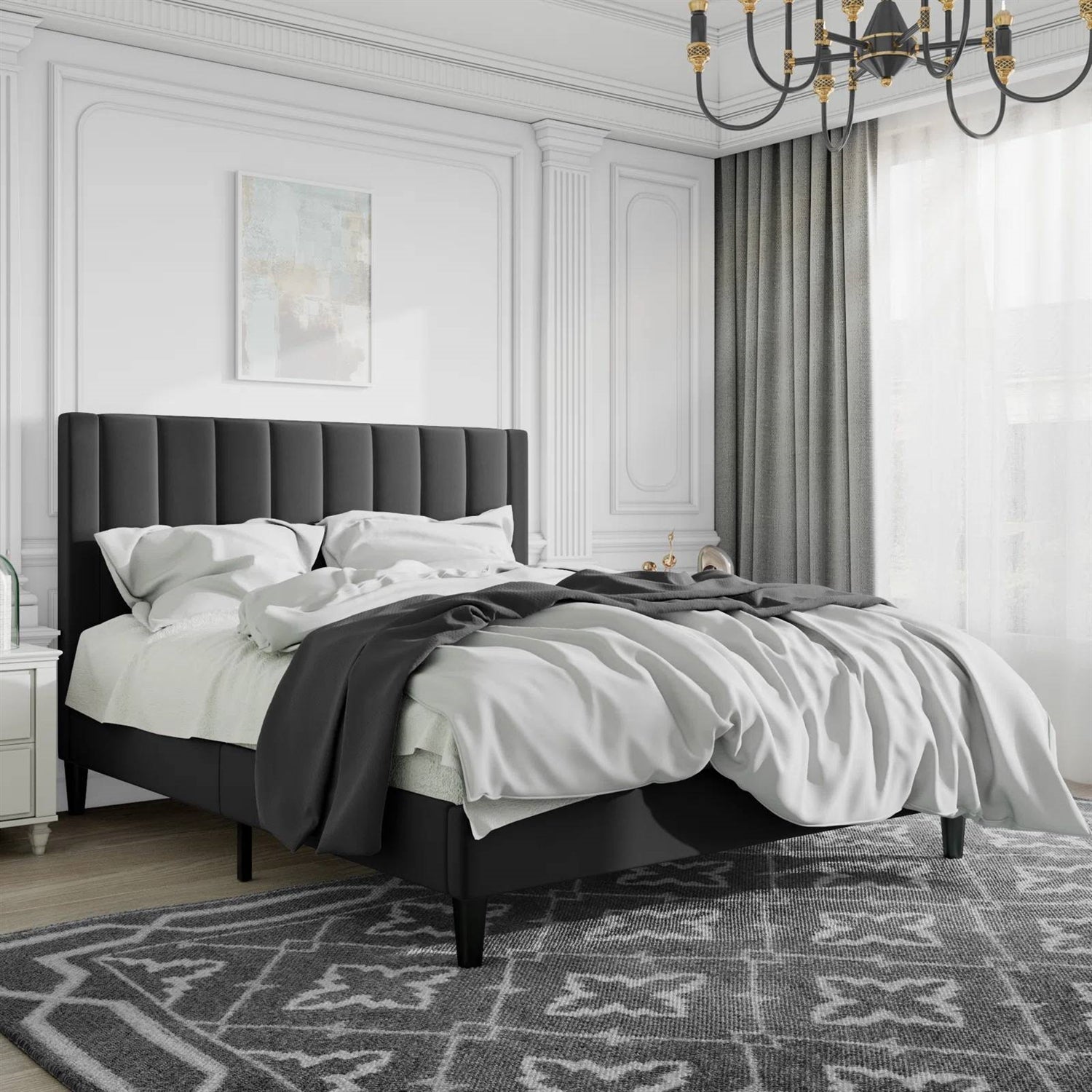 Queen size Modern Black Velvet Upholstered Platform Bed with Headboard — Chic Home-Decor