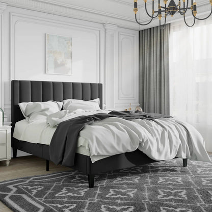 Queen size Modern Black Velvet Upholstered Platform Bed with Headboard — Chic Home-Decor