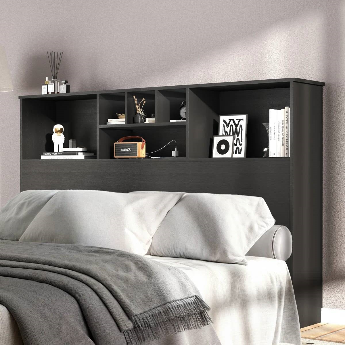Queen size bookcase headboard in black wood finish with built-in shelving and LED lights from FastFurnishings