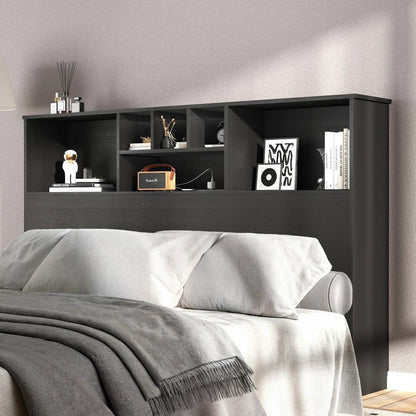 Queen size bookcase headboard in black wood finish with built-in shelving and LED lights from FastFurnishings