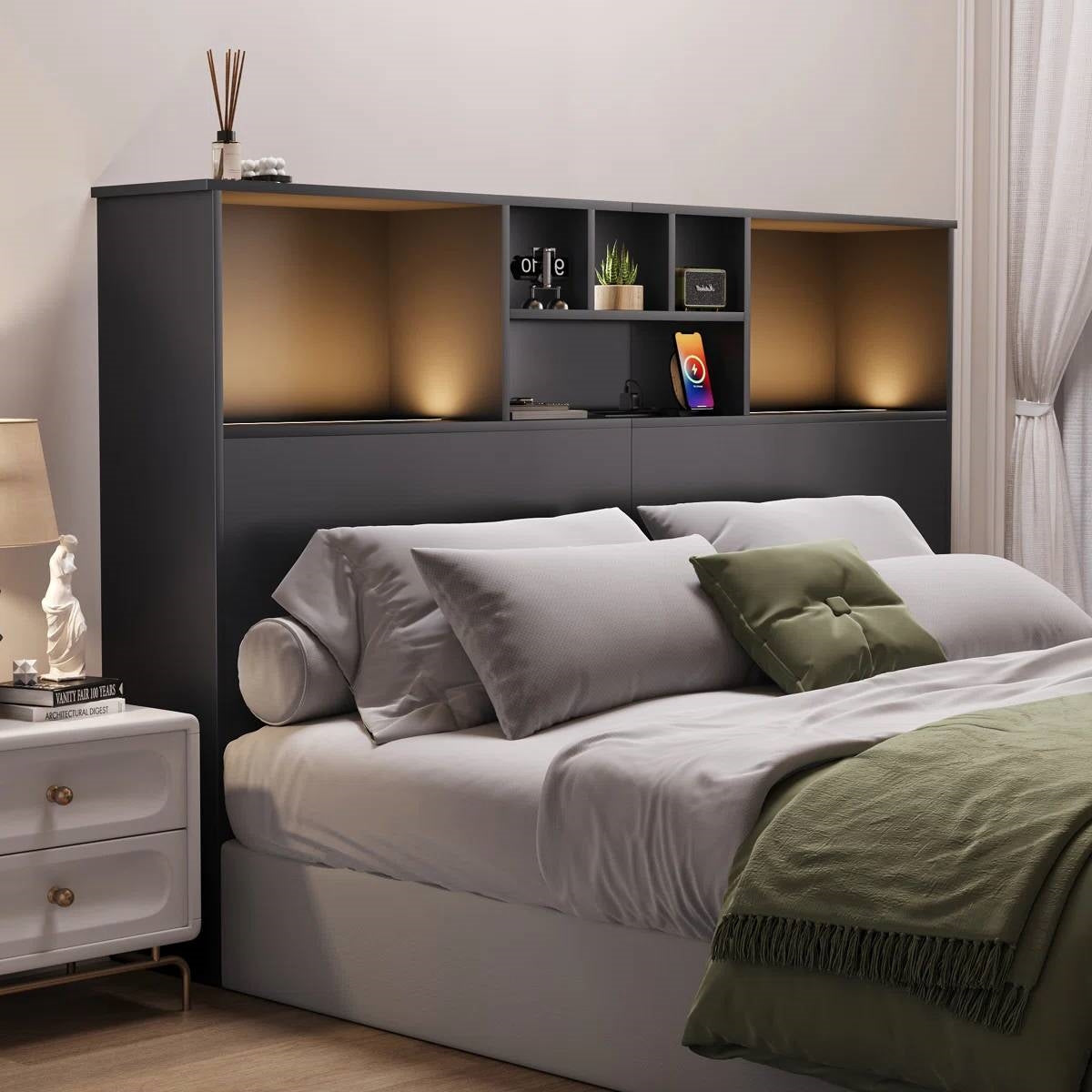 Queen size bookcase headboard bed set in black wood finish with integrated LED lighting by FastFurnishings.