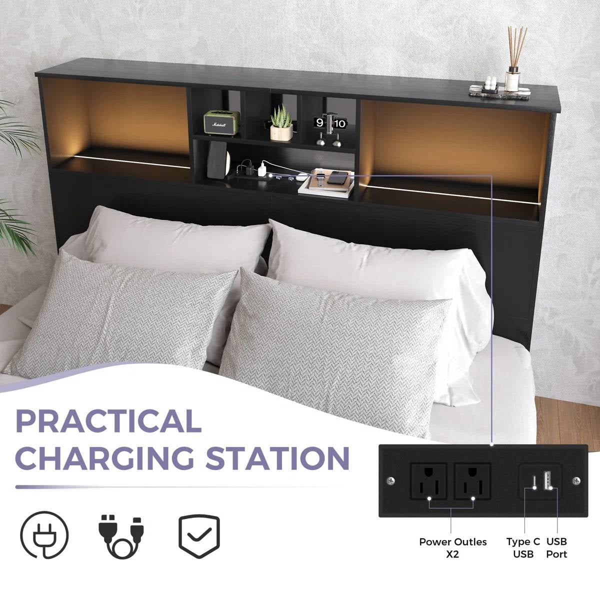 Queen size bookcase headboard in black wood finish with LED lights and 2 power outlets plus USB port