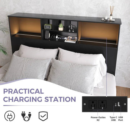 Queen size bookcase headboard in black wood finish with LED lights and 2 power outlets plus USB port