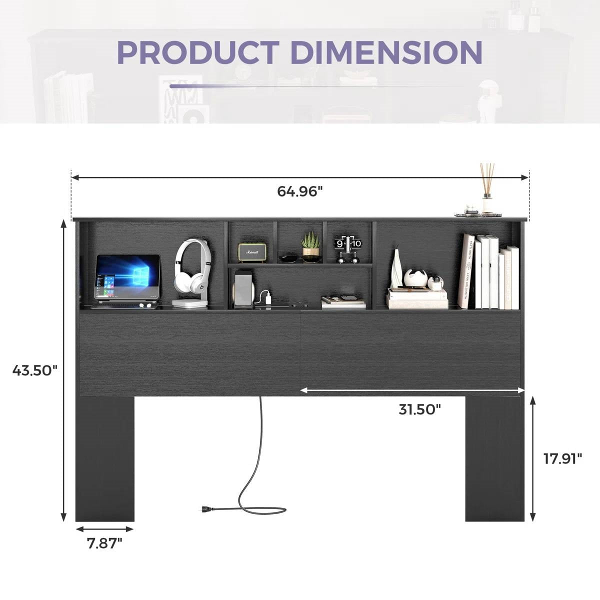 Queen size bookcase headboard in black wood finish with built-in LED lighting by FastFurnishings.