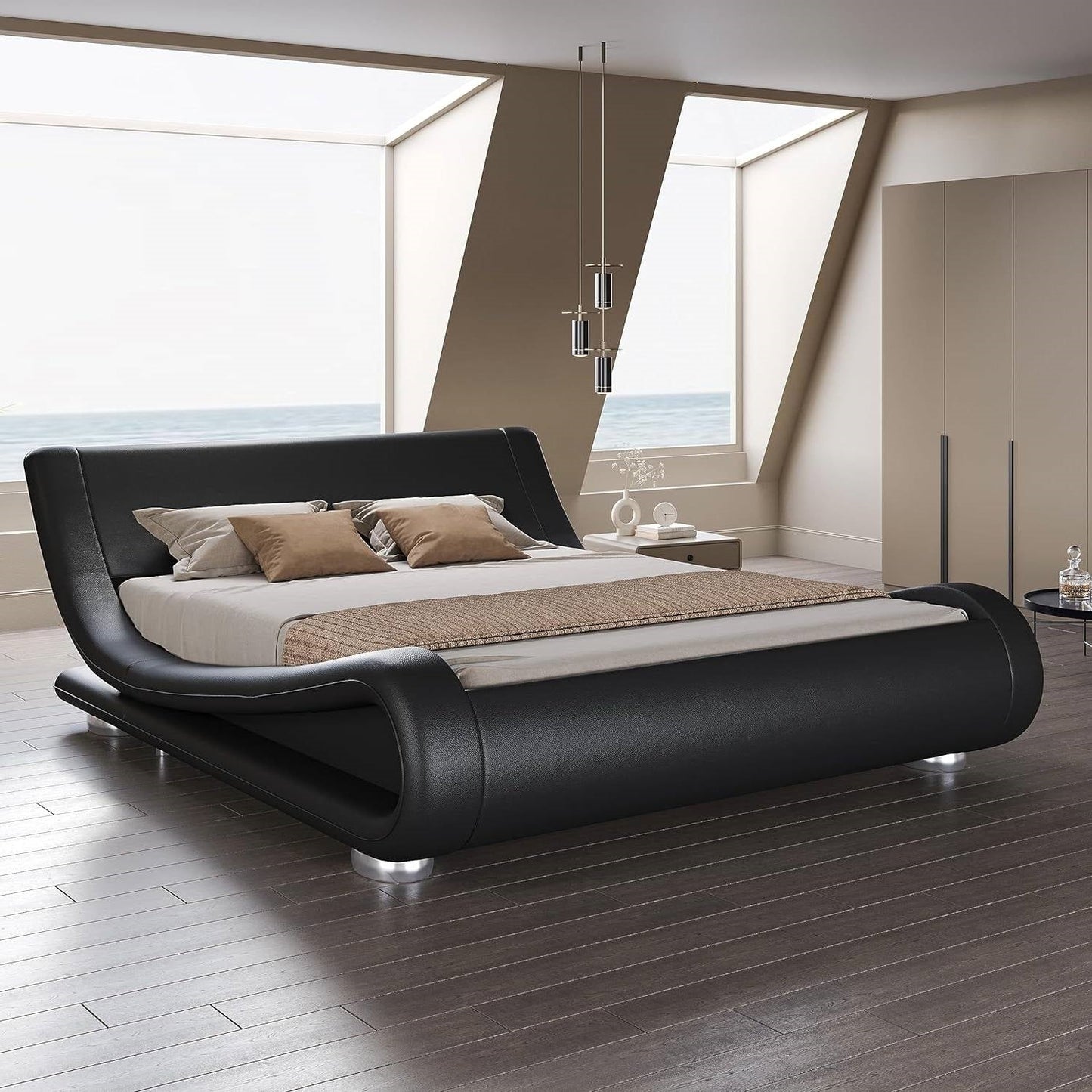 Queen Modern Black Upholstered Platform Bed Frame with Sleigh Curved Headboard — Chic Home-Decor