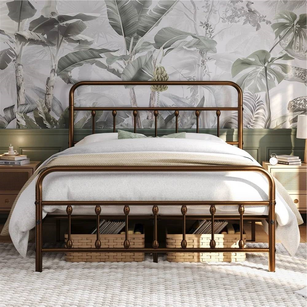 Vintage Bronze Metal Platform Bed Frame with Headboard and Footboard