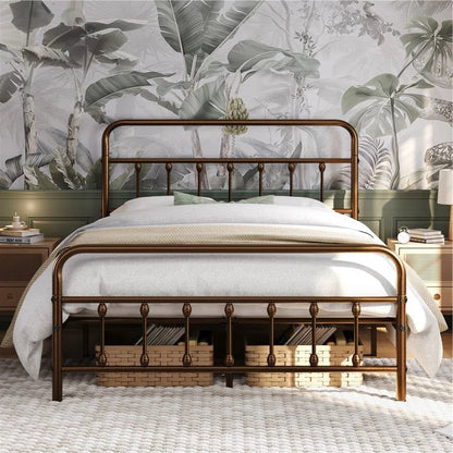 Vintage Bronze Metal Platform Bed Frame with Headboard and Footboard