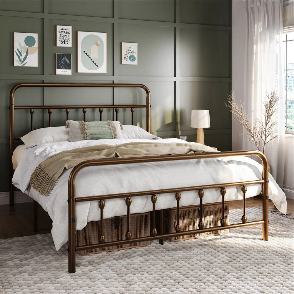 Vintage Bronze Metal Platform Bed Frame with Headboard and Footboard