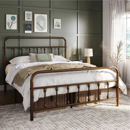 Vintage Bronze Metal Platform Bed Frame with Headboard and Footboard
