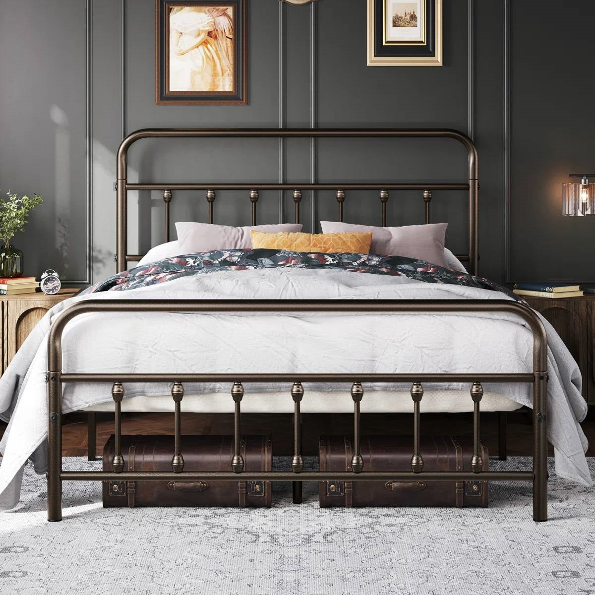 Vintage Bronze Metal Platform Bed Frame with Headboard and Footboard