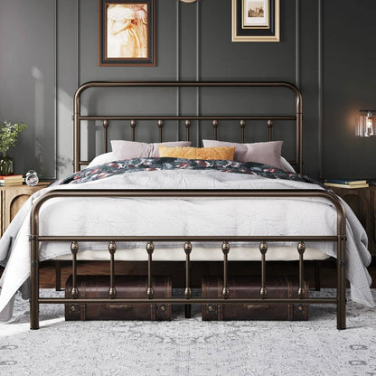 Vintage Bronze Metal Platform Bed Frame with Headboard and Footboard