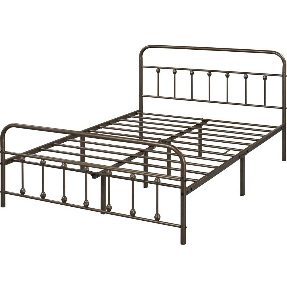 Vintage Bronze Metal Platform Bed Frame with Headboard and Footboard