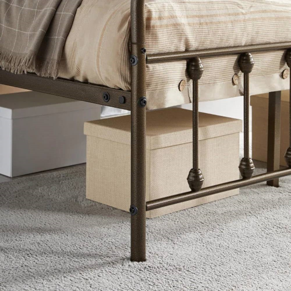 Vintage Bronze Metal Platform Bed Frame with Headboard and Footboard