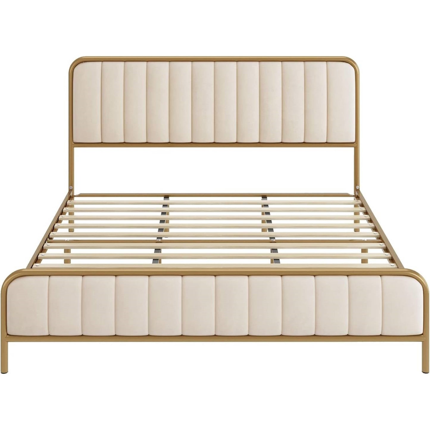 Queen size Gold Metal Platform Bed Frame with Off-White Upholstered Headboard — Chic Home-Decor