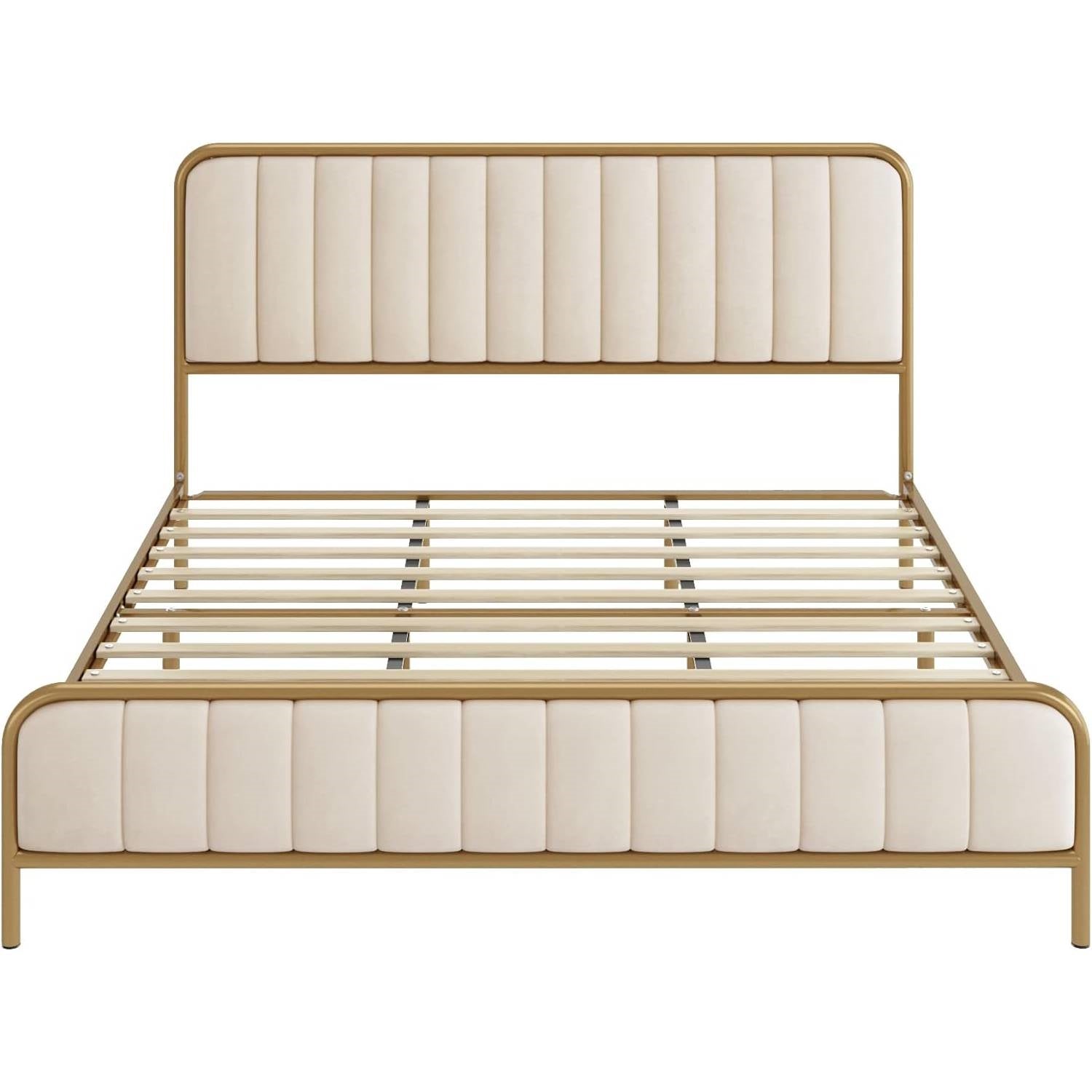 Queen size Gold Metal Platform Bed Frame with Off-White Upholstered Headboard — Chic Home-Decor