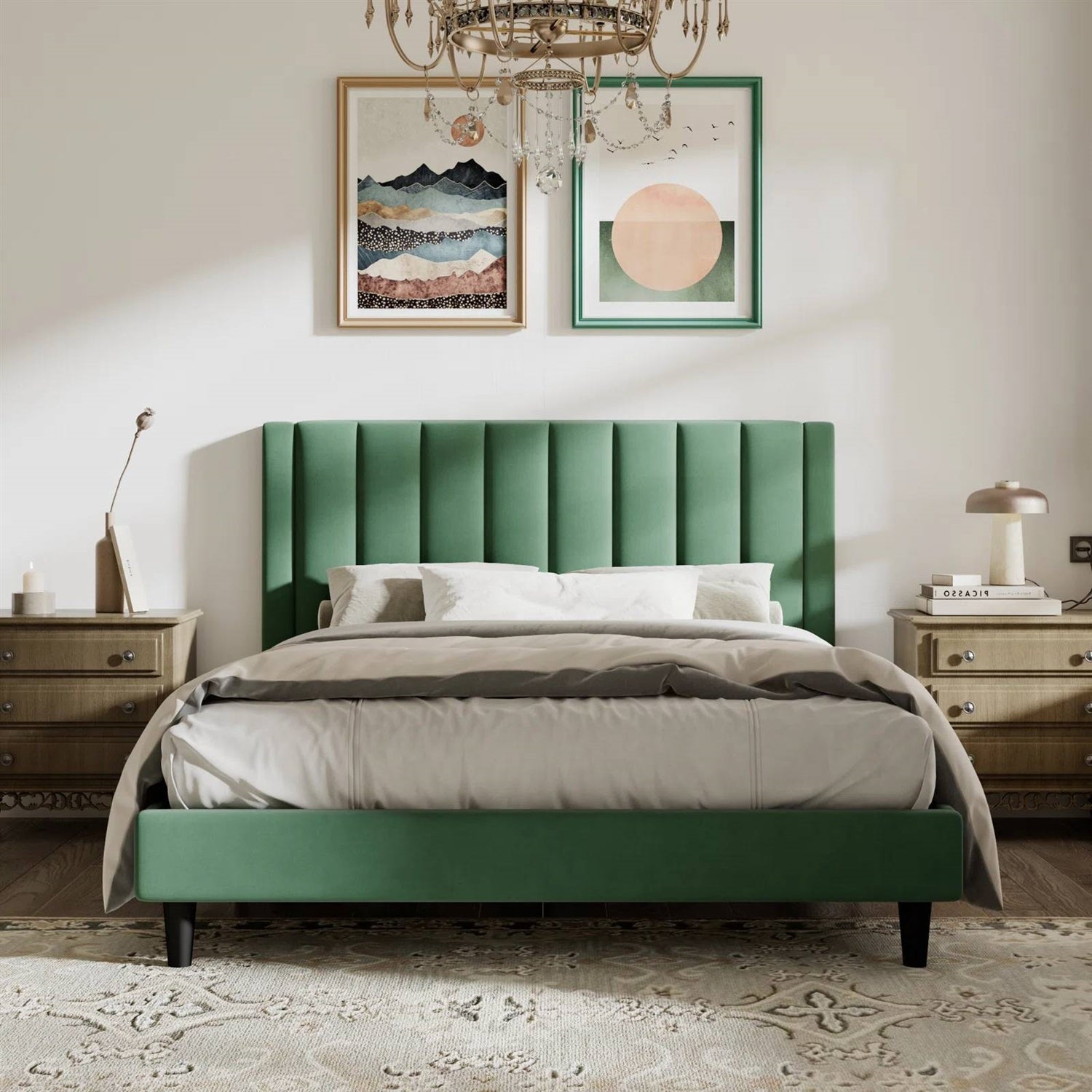 Queen size Green Velvet Upholstered Platform Bed Frame with Headboard — Chic Home-Decor