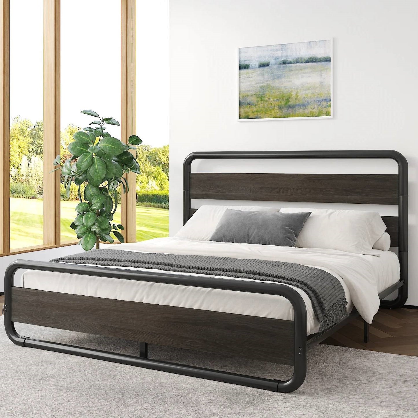 Queen Heavy Duty Round Metal Frame Platform Bed with Black Wood Panel Headboard — Chic Home-Decor