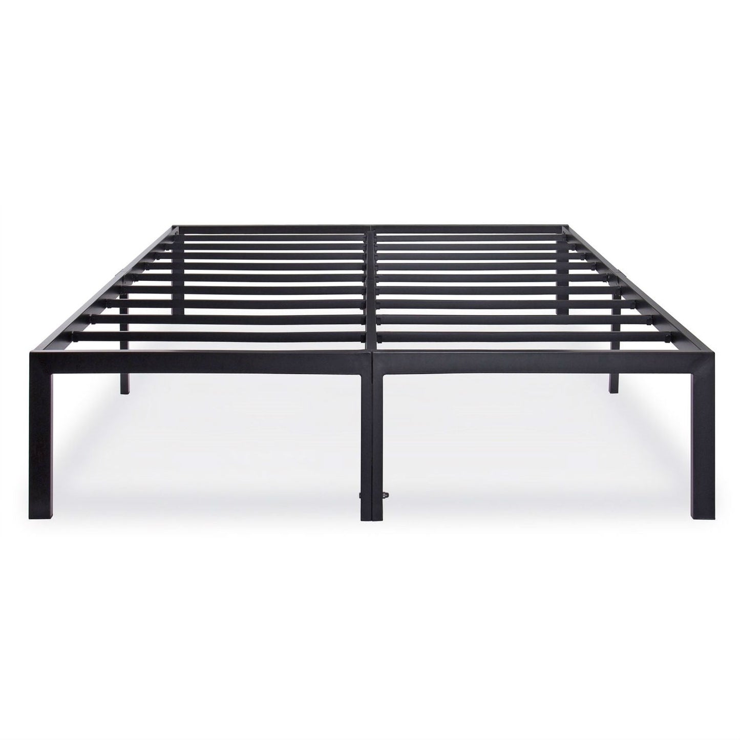 Queen size heavy-duty black metal platform bed frame with slatted support, holds up to 2,200 lbs