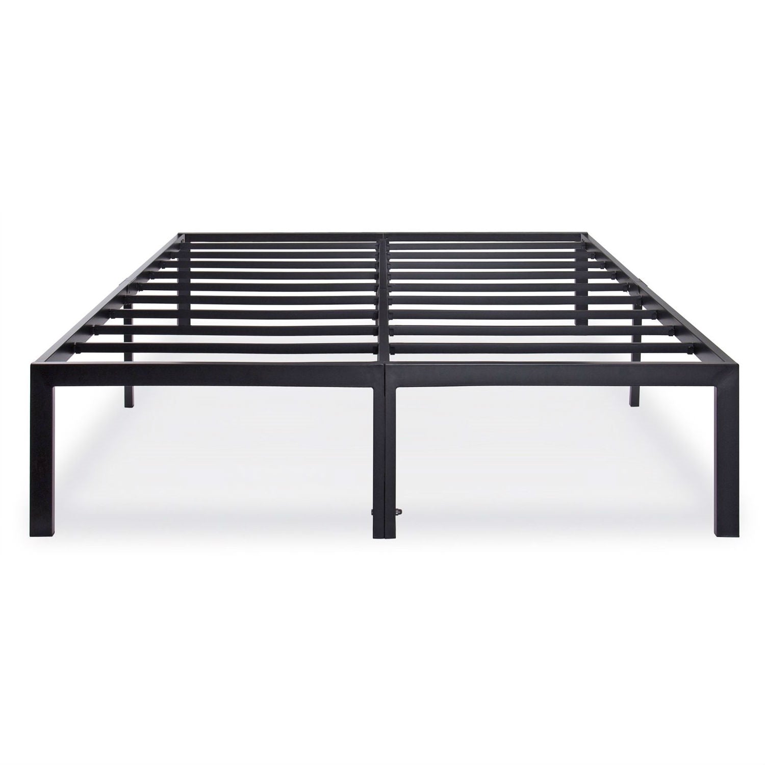 Queen size heavy-duty black metal platform bed frame with slatted support, holds up to 2,200 lbs
