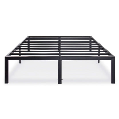 Queen size heavy-duty black metal platform bed frame with slatted support, holds up to 2,200 lbs
