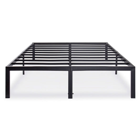 Queen size heavy-duty black metal platform bed frame with slatted support, holds up to 2,200 lbs