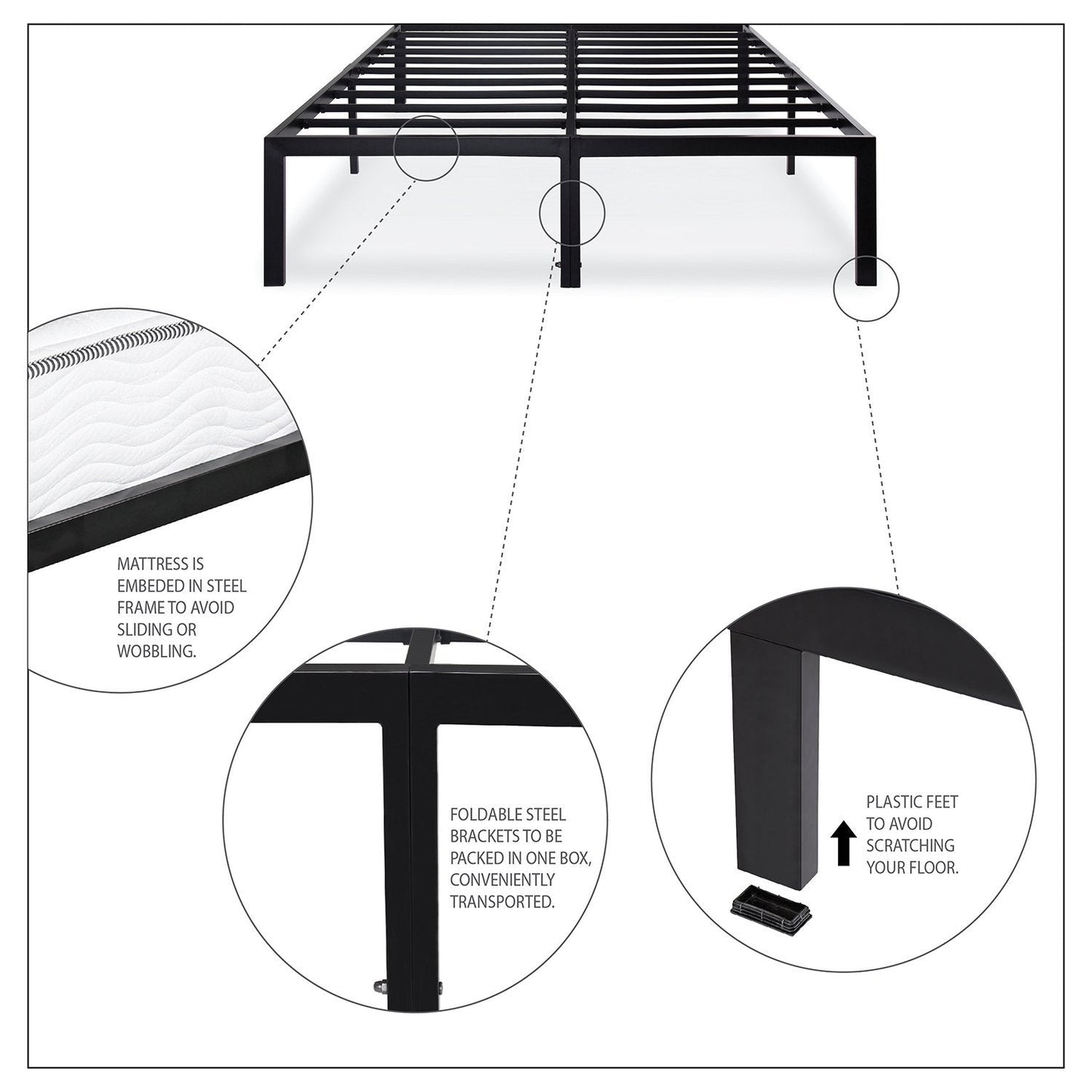 Queen size heavy-duty metal platform bed frame by FastFurnishings; black steel frame with slats, supports up to 2,200 lbs.