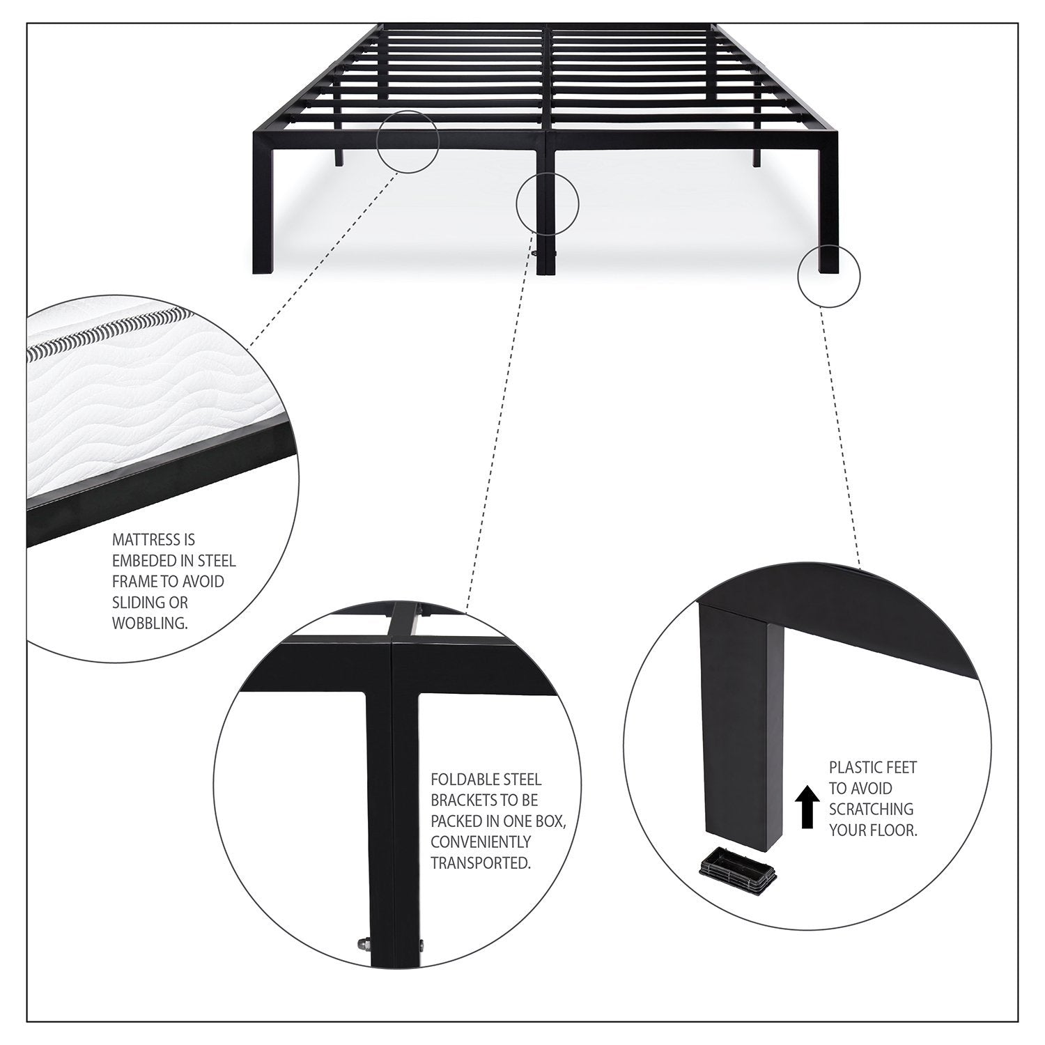 Queen size heavy-duty metal platform bed frame by FastFurnishings; black steel frame with slats, supports up to 2,200 lbs.