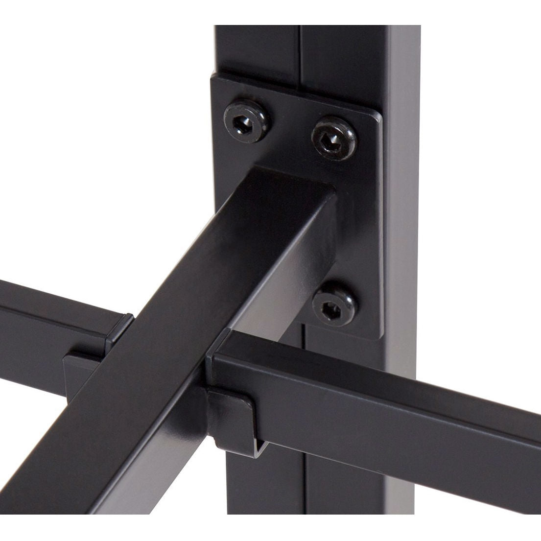 Queen size heavy-duty black metal platform bed frame joint with visible screws