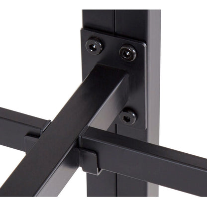 Queen size heavy-duty black metal platform bed frame joint with visible screws