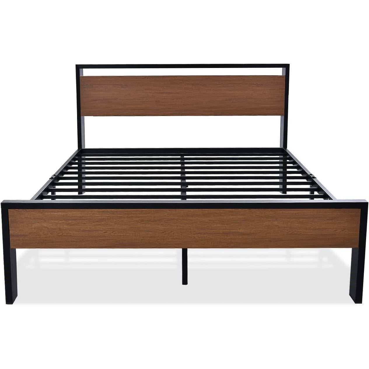 Queen Metal Platform Bed with Walnut Finish Wood Panel Headboard Footboard — Chic Home-Decor