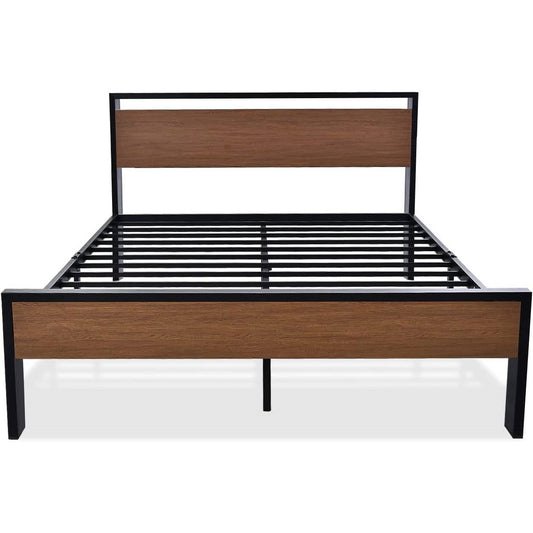 Queen Metal Platform Bed with Walnut Finish Wood Panel Headboard Footboard — Chic Home-Decor