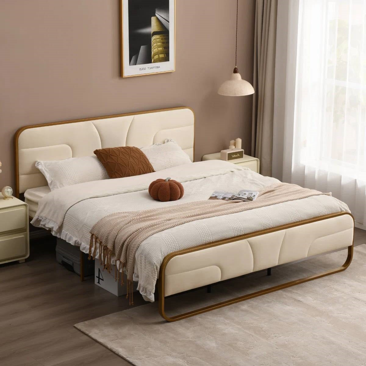 Beige Upholstered Headboard Footboard Platform Bed with Gold Metal Frame