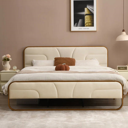 Beige Upholstered Headboard Footboard Platform Bed with Gold Metal Frame