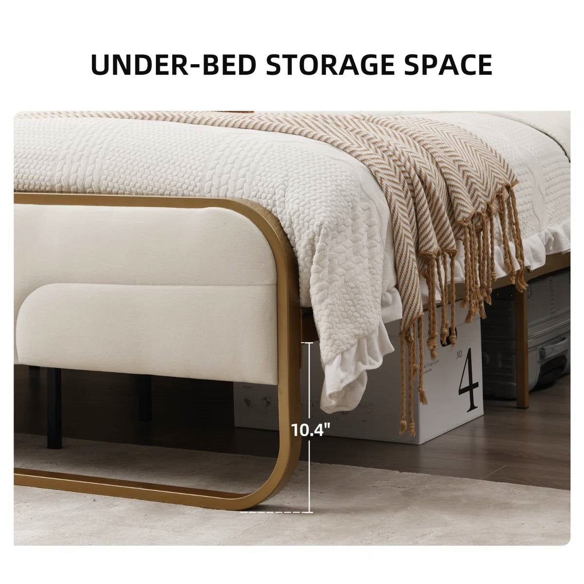 Beige Upholstered Headboard Footboard Platform Bed with Gold Metal Frame
