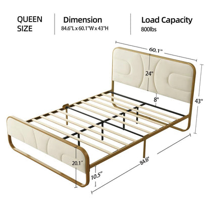 Beige Upholstered Headboard Footboard Platform Bed with Gold Metal Frame
