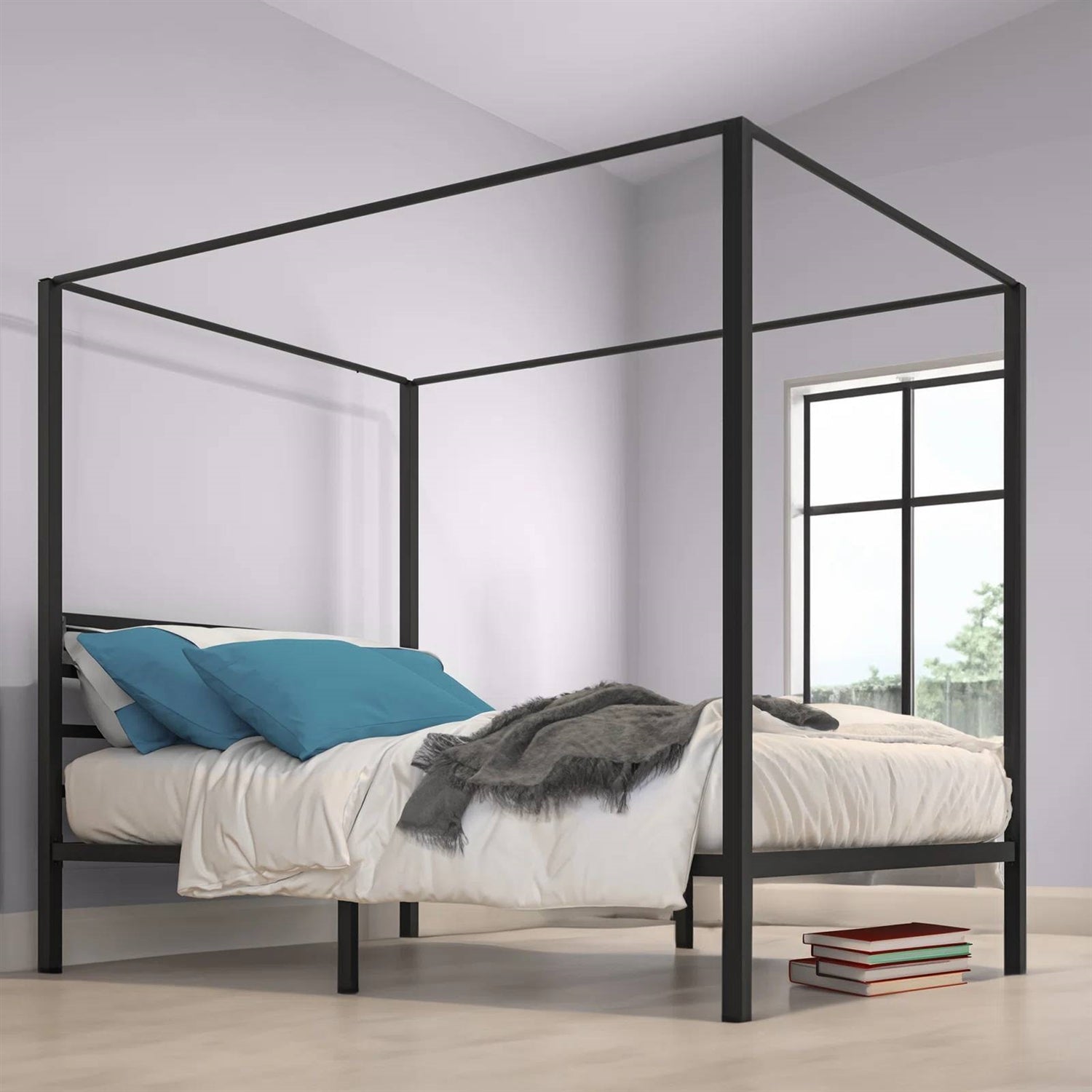 Queen size Modern Four Poster Metal Canopy Bed in Black Finish — Chic Home-Decor