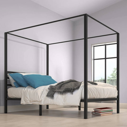 Queen size Modern Four Poster Metal Canopy Bed in Black Finish — Chic Home-Decor