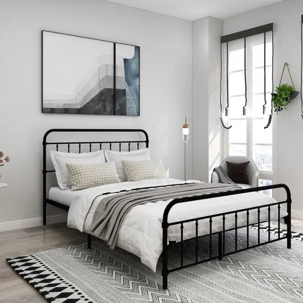 Queen Classic Farmhouse Black Metal Bed Frame with Rounded Headboard Footboard — Chic Home-Decor
