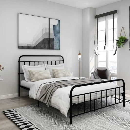Queen Classic Farmhouse Black Metal Bed Frame with Rounded Headboard Footboard — Chic Home-Decor