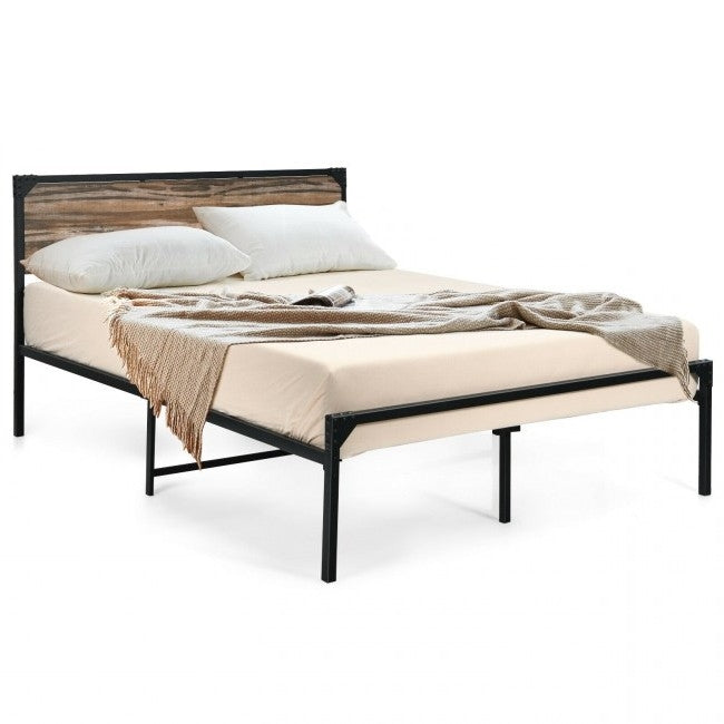 Rustic FarmHome Metal Wood Platform Bed Frame in Queen Size — Chic Home-Decor