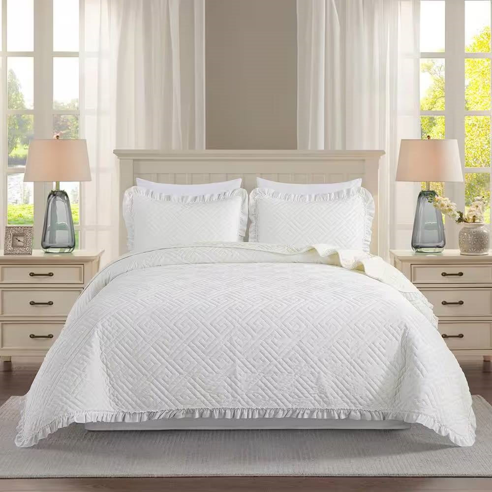 Queen size Ivory White Velvet Microfiber Polyester Reversible 3-Piece Quilt Set — Chic Home-Decor