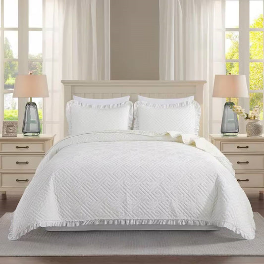 Queen size Ivory White Velvet Microfiber Polyester Reversible 3-Piece Quilt Set — Chic Home-Decor