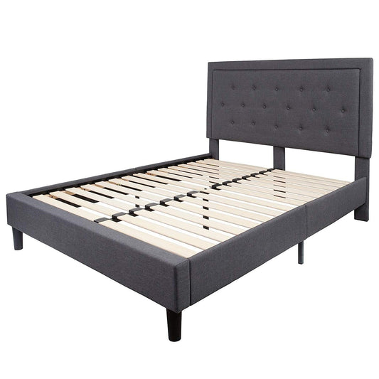 Queen size dark gray fabric upholstered platform bed frame with headboard by FastFurnishings