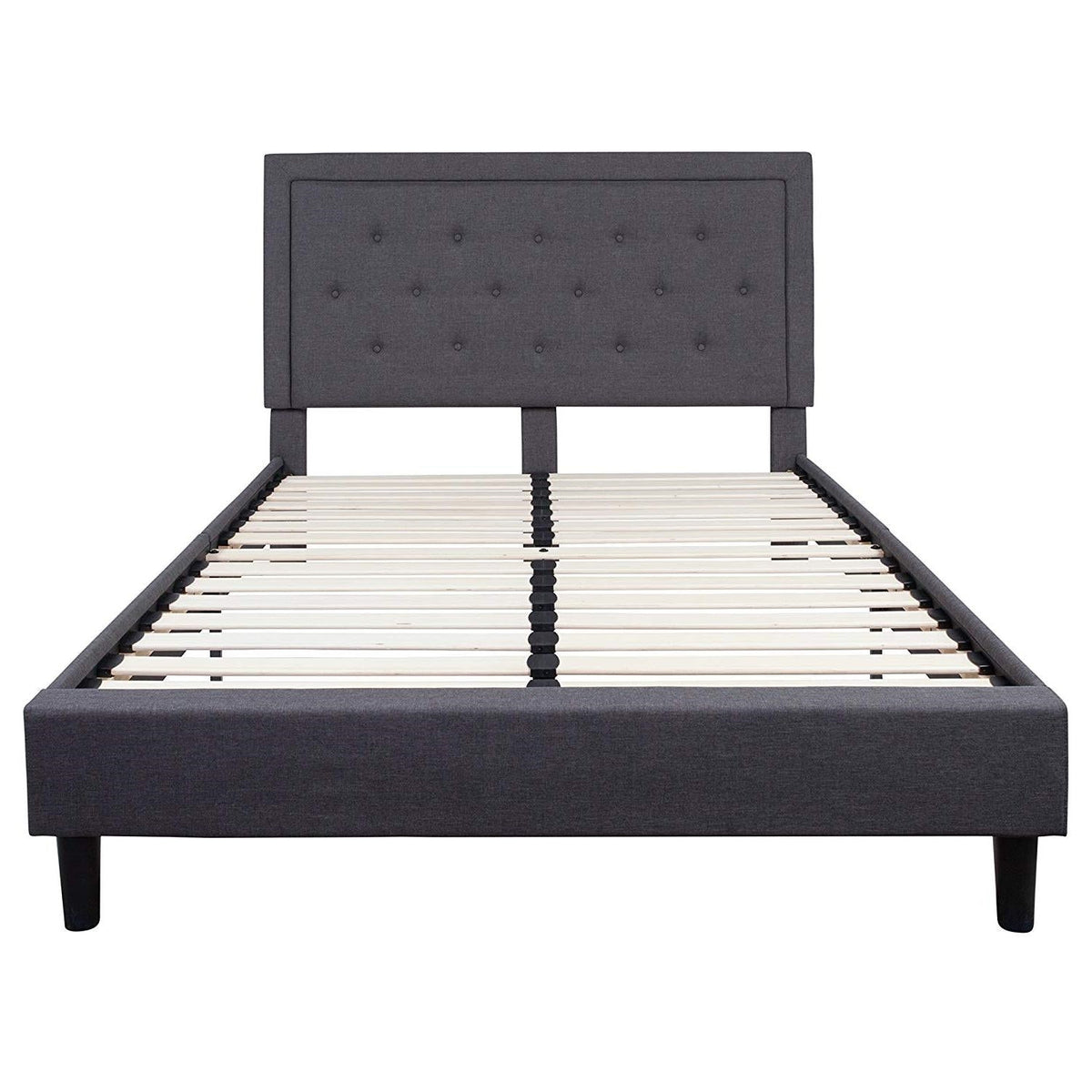 Queen size dark gray fabric upholstered platform bed frame with headboard by FastFurnishings